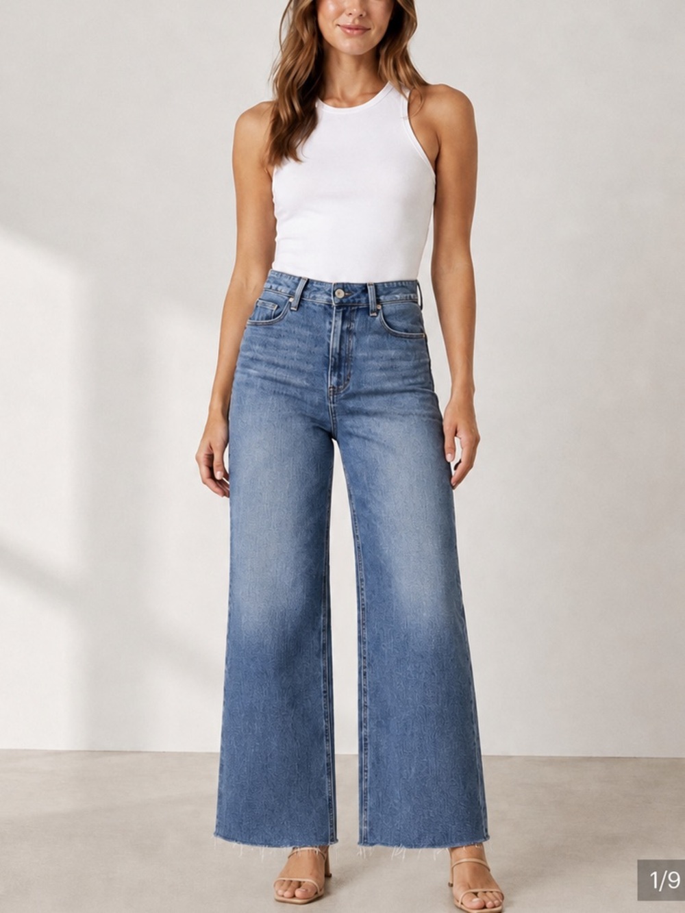 PAIGE Anessa  Wide Leg Jeans Raw Hem Size 28